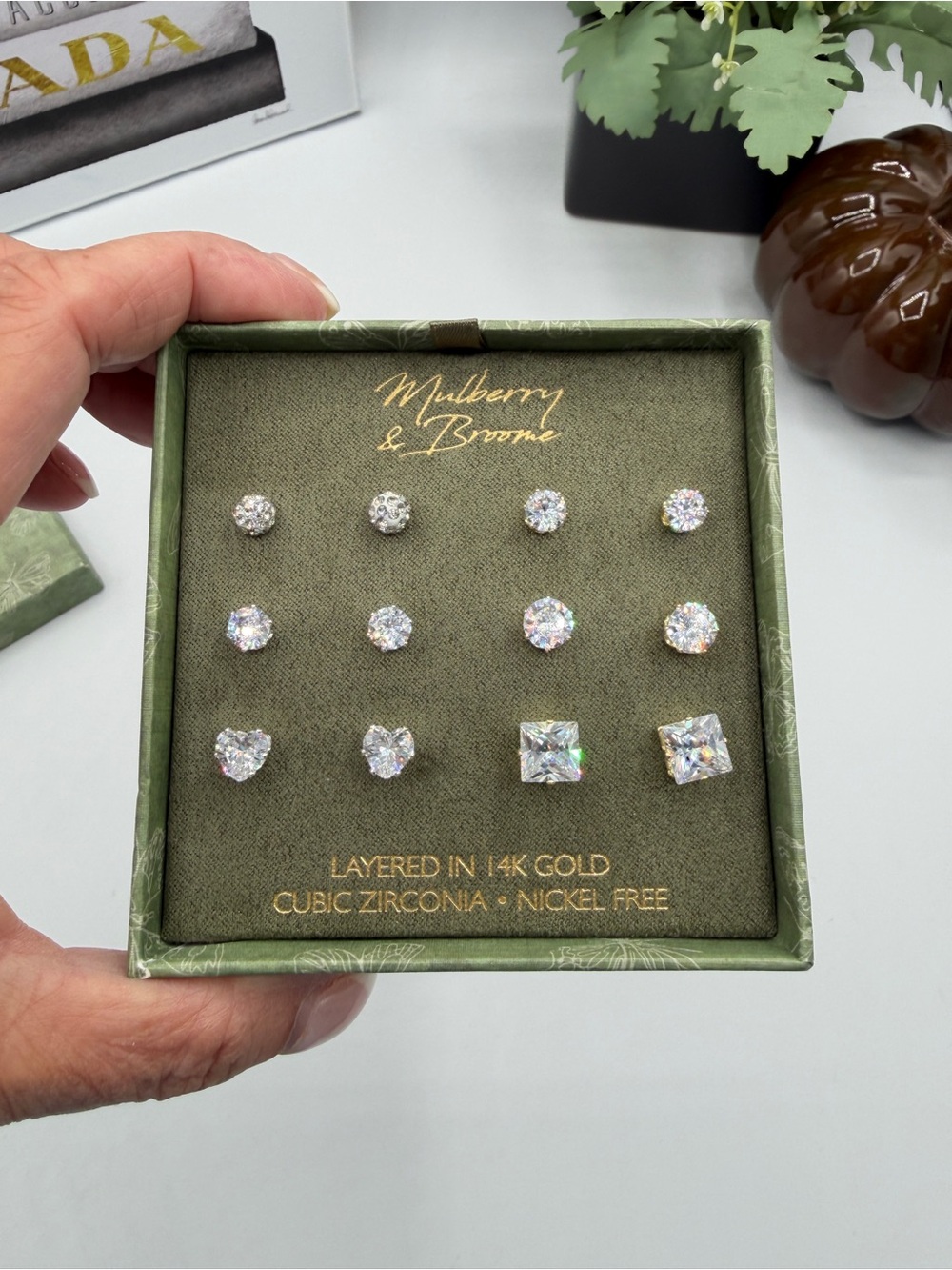 6-Pair NIB Cubic Zirconia Stud Earring Set in Clear Layered 14k Gold
